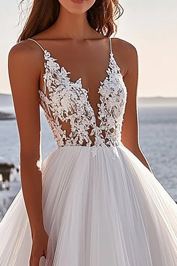 Spaghetti Straps A Line Lace Ivory Tulle Pleated Wedding Dress